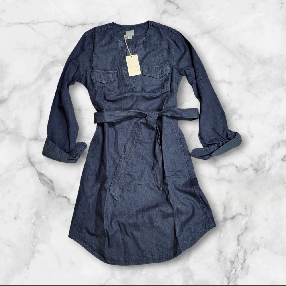 A NEW DAY Denim Long Sleeve Shirt Dress Tie Waist Dark Blue Size XS - Picture 1 of 5